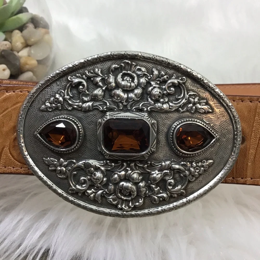 Moulin Rogue Silver Buckle Tan Tooled Leather Belt
